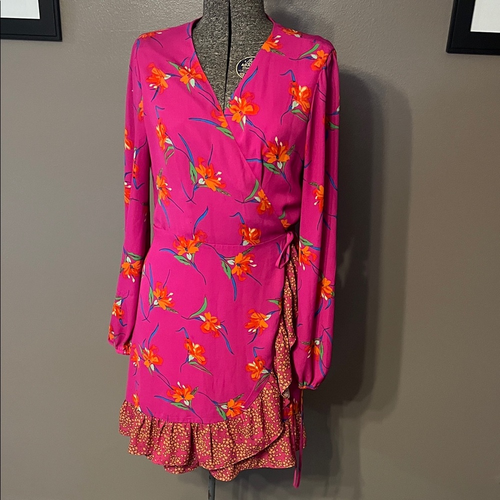 Charles Henry Pink and Orange Floral Wrap Dress